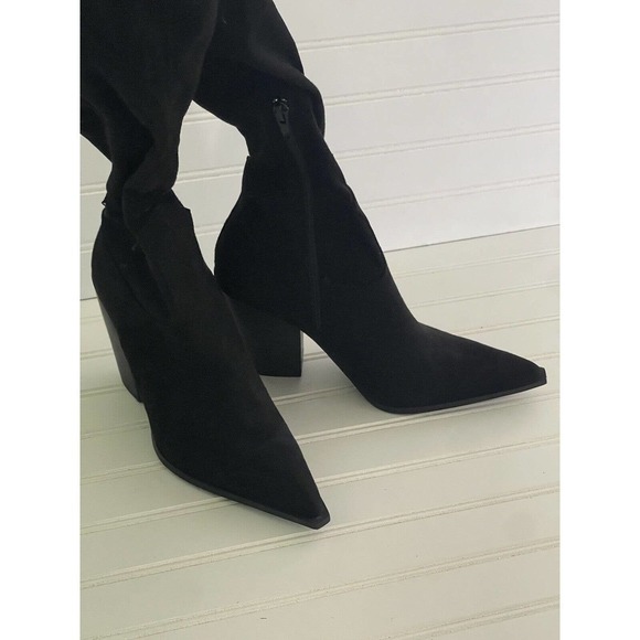 Lulus Faux Suede Knee High Pull On Boots Pointy Toe Mod Block Heel Size 8 - Picture 1 of 8